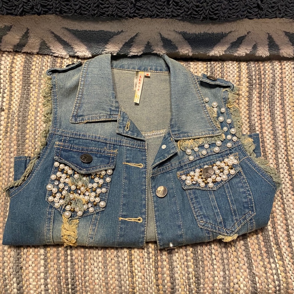 Faux Pearl and Rhinestone Distressed Jean Vest - Picture 2 of 3